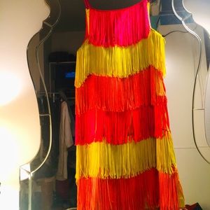 BETSEY JOHNSON PUNK LABEL Multi-Layered NEON FRINGE Mini-Dress “S6-8”